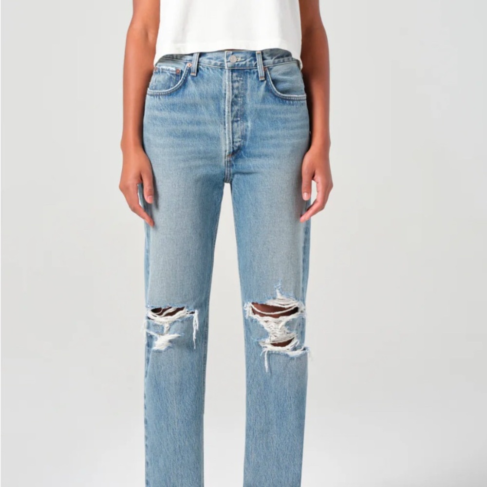 Blue Straight Distressed Jeans with Rips